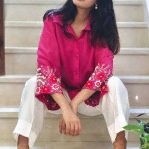 Fuscia Shirt with embroidered sleeves