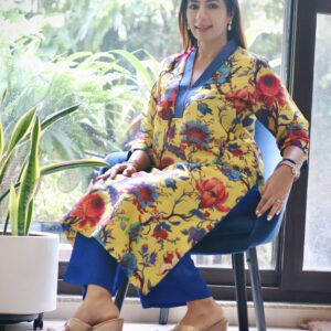 Mustard Floral Cotton Silk Kurta Set